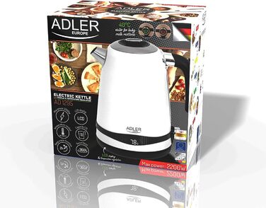 Електрочайник Adler AD 1295W, 1,7 л, нерж. сталь, білий сатин, LCD-дисплей, регулювання температури