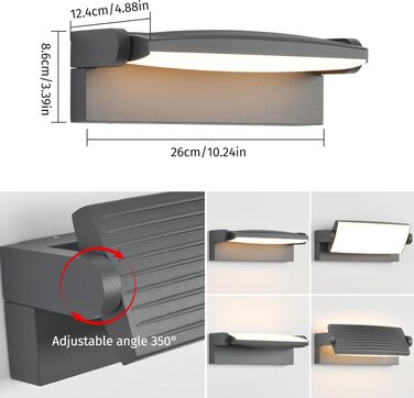 Стіна LED-світильник SANSHI 30W зовнішній, водонепроникна лампа IP65 з регулюванням панелі 350°, 3 режими кольору (3000K/4000K/6500K) для саду та тераси, темно-сірий
