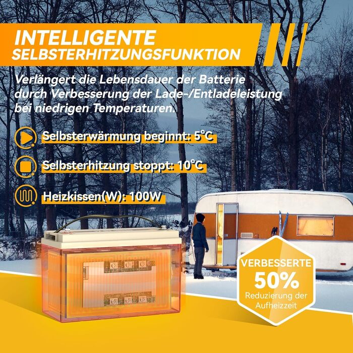 LiFePO4 акумулятор Power Queen 12V 100Ah з підігрівом для кемперів та будинків на колесах (12V100Ah-HEAT)