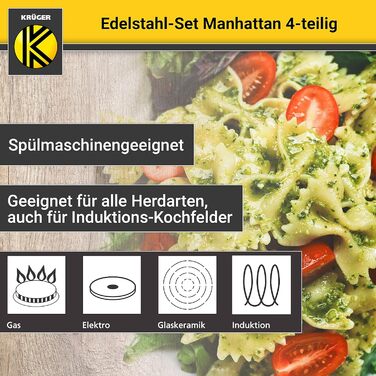 Набір каструль Krüger Manhattan з нержавіючої сталі, 4 предмети: 3 каструлі та сотейник зі скляною кришкою, термодно, зливний край