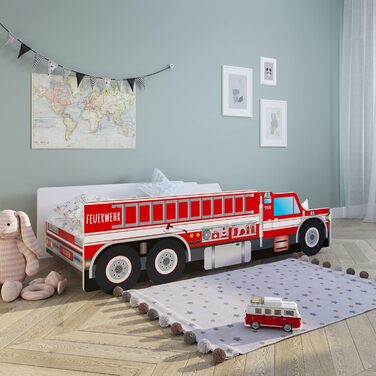 Дитяче ліжко-машина Kids Collective 80x160 см, пожежна, з бортиками та ламелями