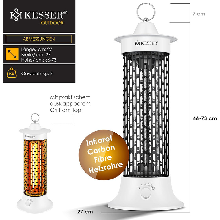 Інфрачервоний обігрівач KESSER 1200 Вт, електричний, енергоефективний, з 360° обертанням, для приміщень та тераси, IP55, білий