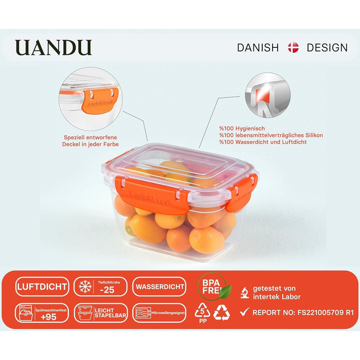 Набір контейнерів для зберігання продуктів Uandu Lock & Fresh 16 шт, герметичні пластикові контейнери з кришкою, для їжі, для мікрохвильовки та морозильної камери, жовті