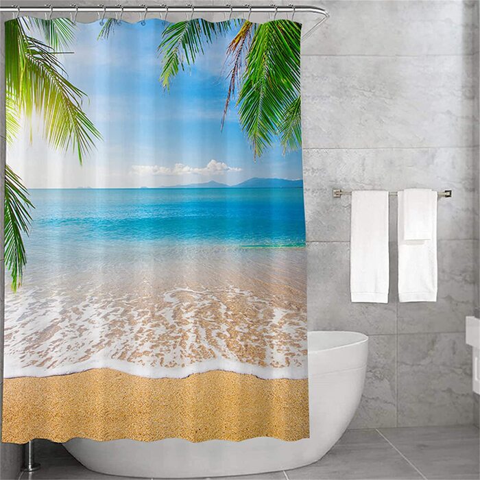 Душова штора MUSOLEI 180x200 см, 3D-друк, синій, морський дизайн, антигрибкова, водовідштовхувальна, з кільцями, для ванної кімнати, прана
