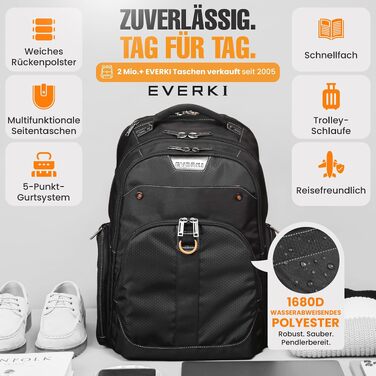 Бізнес-рюкзак для ноутбука Everki Atlas 32L (13–17.3 дюймів) ергономічний дорожній рюкзак з регульованим відділенням, чорний