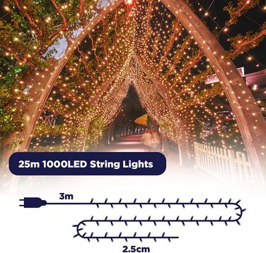 Гірлянда ELKTRY 1000 LED 25 м, теплий білий, водонепроникна, для вулиці та дому, новорічна, з адаптером, 8 режимів, для ялинки, кімнати, саду, балкона