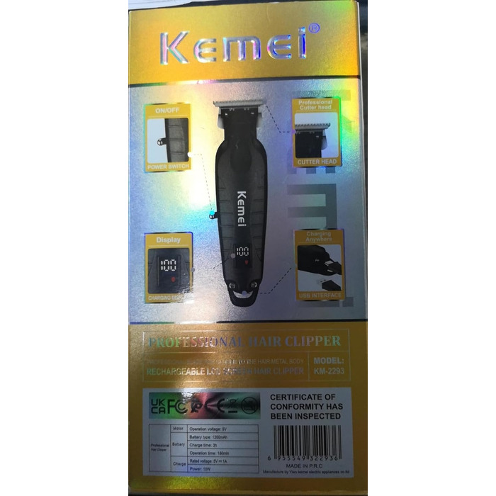 Kemei 2293 Професійна машинка для стрижки волосся та бороди для чоловіків, бездротова, з Т-подібним лезом, акумуляторна, помаранчева