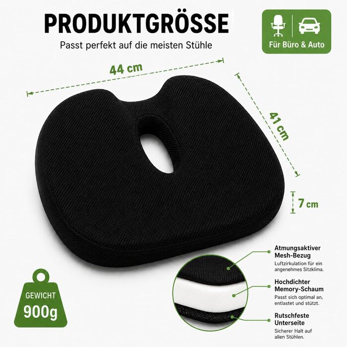 Подушка ортопедична для сидіння з піни Memory Foam, чорна. Зняття тиску на куприк для офісного крісла, авто, інвалідного візка, дому. Нековзка, знімний чохол.