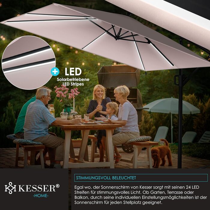 Сонцезахисна парасоля KESSER Holly прямокутна з LED-підсвіткою на сонячних батареях, алюмінієва, водовідштовхувальна, з чохлом і захистом від вітру, з ручкою-крутилкою, UV-захист, 350 см, колір таупе
