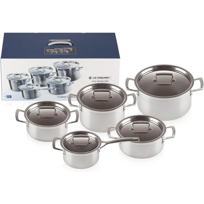 Набір каструль Le Creuset з 3-шарової нержавіючої сталі, 5 предметів, з кришками, для всіх типів плит, включаючи індукцію, сріблястий