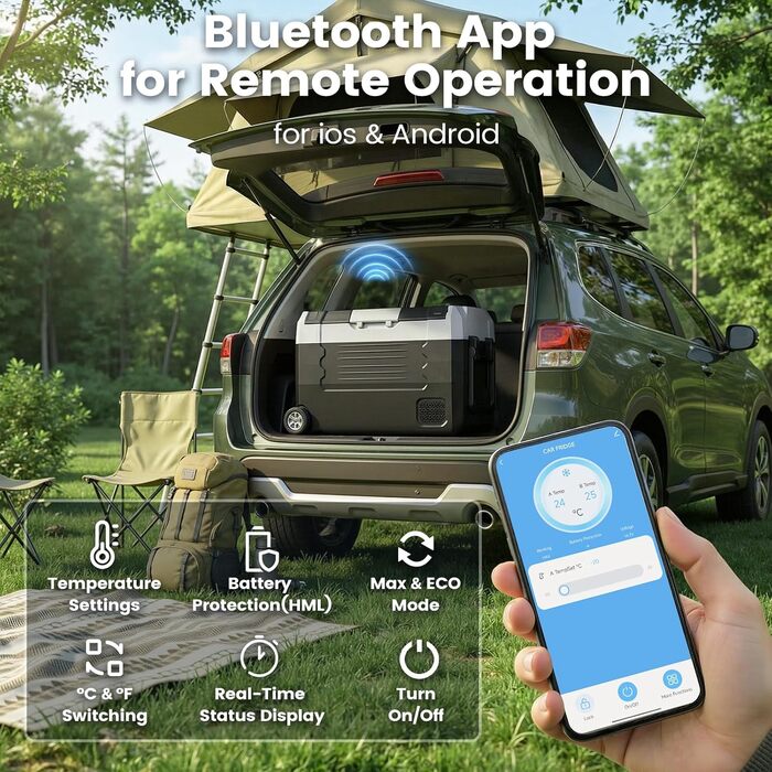 Автомобільний холодильник KROAK з Bluetooth, 45л, 12/24/230V: Компресорний, двозонний (-20°C/+20°C), з колесами, перегородкою та дошкою для нарізання – для кемпінгу, авто, вантажівок, фургонів