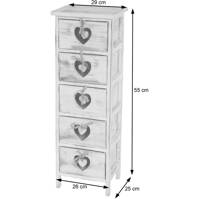 Комод Mendler Forli-AM, шафа з 5 шухлядами у формі сердець, 86x29x25 см, вінтажний білий, стиль shabby chic