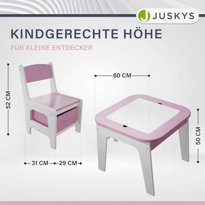 Дитяча стільниця Juskys Milou - комплект з 2 стільців та столу - дерев'яний дитячий столик з місцем для зберігання, стільниця для малювання (рожева)