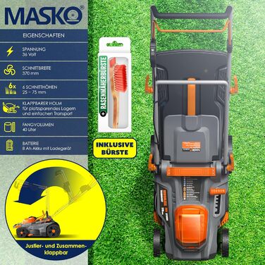 Акумуляторний газонокосарка MASKO з функцією мульчування, 2 акумулятори Li-Ion 4Ah, подвійний зарядний пристрій, триммер, ширина зрізу 37 см, 6 положень висоти, кошик 40 л, площа до 600 м², в комплекті рукавички та щітка, чорний/помаранчевий