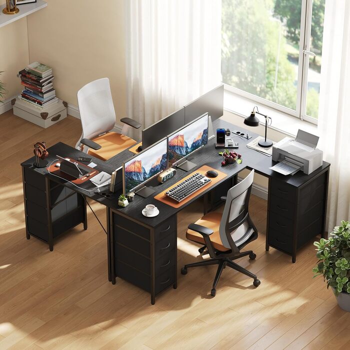 Кутовий стіл YOUDENOVA 150x100 см з шухлядами, розеткою та USB-зарядом, чорний. Стол L-подібний з місцем для зберігання