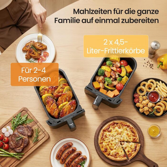 Аерофритюрниця LLIVEKIT 9L з двома камерами (2x4.5L), 8 програм, 4D конвекція, функція Sync-Finish, енергоощадна, PFOA-free, чорна