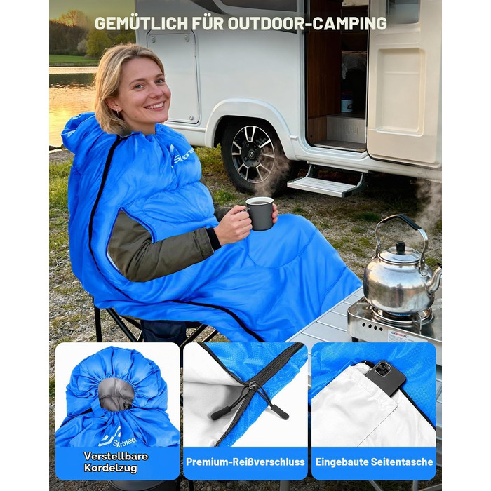 Спальний мішок Sportneer Outdoor (ковдра-спальник) 220×85 см, синій, температурний режим +10...+26 °C, з отворами для рук, 1.5 кг