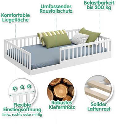 Ліжко дитяче CADANI Timi 2в1 Montessori 120x200 см з бортиками, ламелі, масив сосни, біле - 3 варіанти збірки, до 200 кг