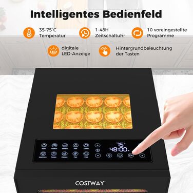 Сушарка для овочів, фруктів та м'яса COSTWAY 850W з 10 лотками з нержавіючої сталі, 10 програмами та таймером 48 год.