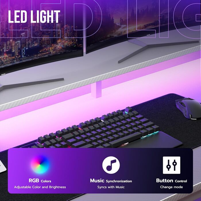 Ігровий стіл YOUDENOVA 150x50 см з LED-підсвіткою, розеткою та шухлядами, стільниця з карбонового волокна, білий