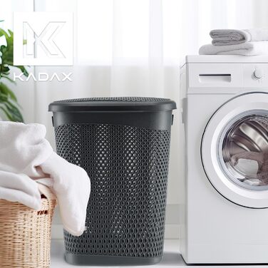 KADAX Пластиковий кошик для білизни з кришкою, легкий провітрюваний контейнер для зберігання білизни, сіра корзина з пластику