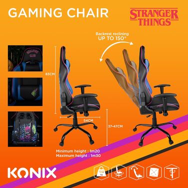 Ігрове крісло Konix Stranger Things Hellfire Club, преміум, PVC шкіра, сидіння 150°, подушки для попереку та шиї, чорне/синє