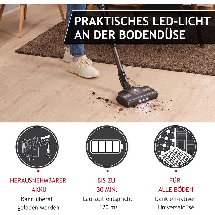 Бездротовий пилосос Hoover HF103X Flex без мішка, з гнучким з'єднанням, XL контейнер для пилу, до 120 м², насадка-щіточка та паркувальна функція