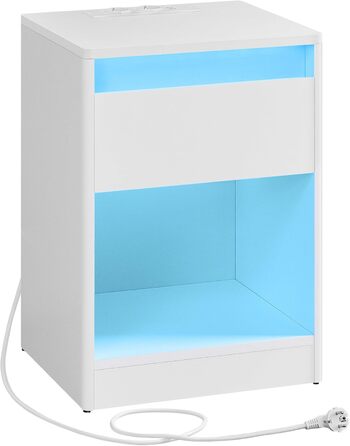 VASAGLE приліжковий столик з регульованим LED-підсвічуванням, розетками, USB, шухлядою, сучасний, для спальні та вітальні, білий хмарний LET618T15