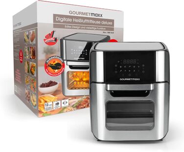 Електрична аерофритюрниця GOURMETmaxx 12 л, нержавіюча сталь, XXL, 1800 Вт, з таймером, сенсорним дисплеєм, 10 програм, для здорового приготування, чорна