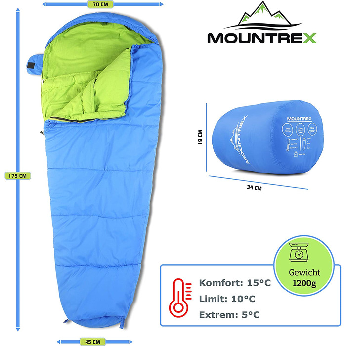 Дитячий спальник MOUNTREX мумія, легкий, компактний, для кемпінгу та подорожей, 100% бавовна, розмір 175x70x45 см, синьо-зелений