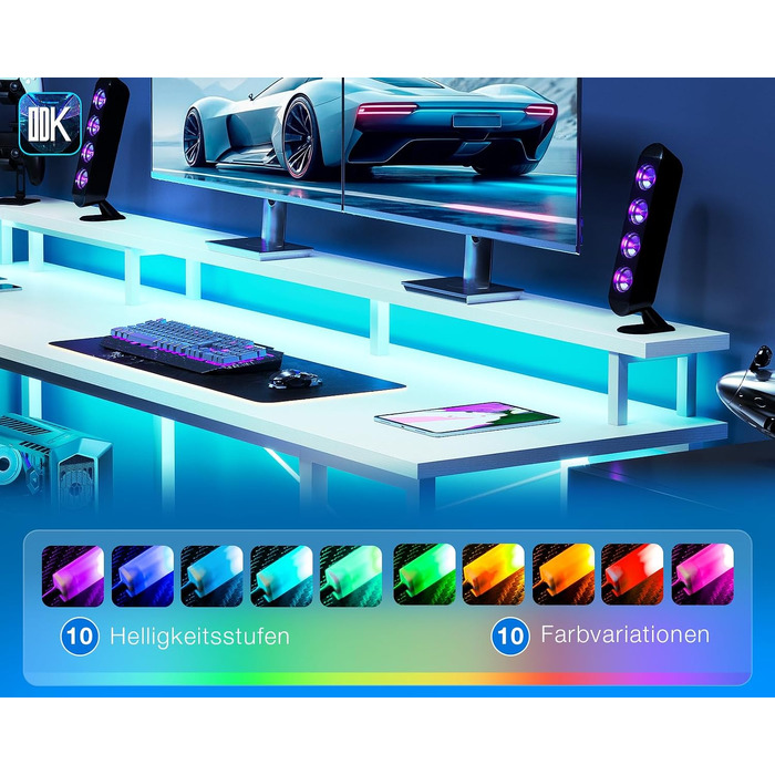 Ігровий кутовий стіл ODK з LED-підсвіткою та USB-портом, 150×102 см, білий, стільниця з вуглецевого волокна