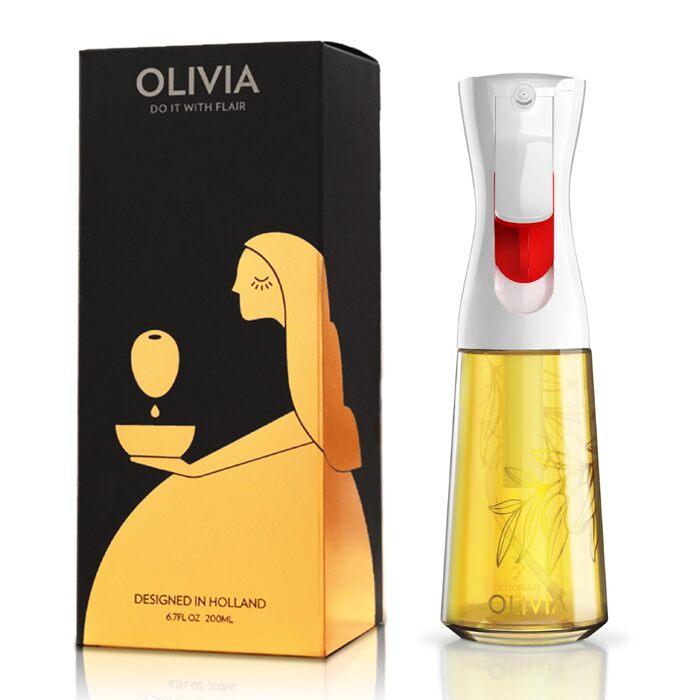 Скляний розпилювач для оливкової олії FLAIROSOL OLIVIA (200 мл) — дозатор для кухні, гриля та аерофритюрниці, прозорий з золотом