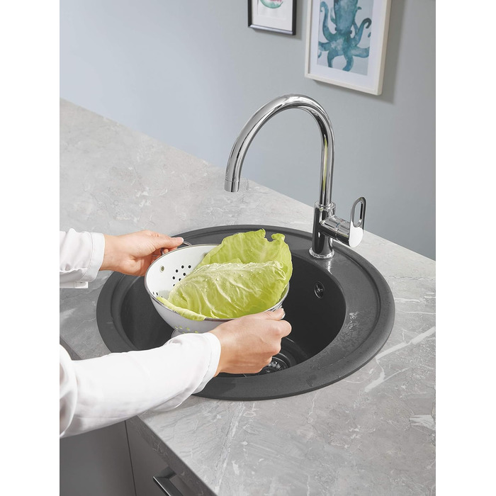 Змішувач кухонний GROHE BauEdge з високим виливом, хромований (31367000) - з керамічним картриджем та поворотним виливом 360°