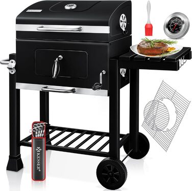 Гриль KESSER® Grillwagen BBQ Smoker XL з коліщатками, термометром та аксесуарами. Чорний котел для барбекю з нержавіючої сталі, решітка та 8 шампурів