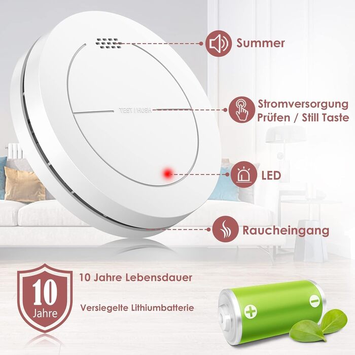 Набір датчиків диму Rauchmelder 6 шт. без LED, з батареєю на 10 років, клейкими панелями, функцією вимкнення звуку, 85 дБ, автономний, для дому