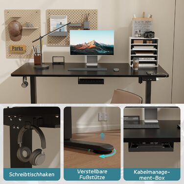 Електричний стіл Airfish 160x80 см, регульований по висоті, з USB-роз'ємом і кабель-органайзером, комп'ютерний та офісний стіл, чорний, з нагадуванням про сидячу роботу