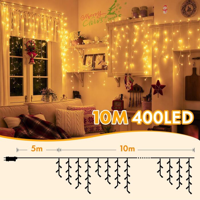 Світлодіодна гірлянда-завіса MAGGIFT Eisregen (10м, 400 LED) для вулиці та дому: водонепроникна LED-освітлення з пультом, таймером та 8 режимами, IP44