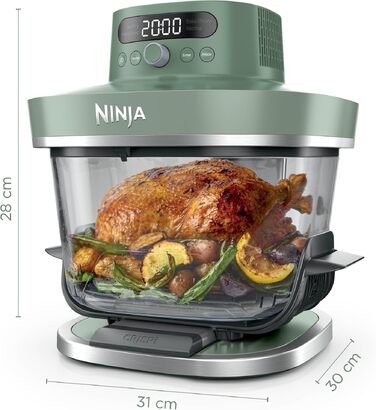 Скляна аерофритюрниця Ninja CRISPi PRO XL Air Fryer з 5 функціями, контейнерами CleanCrisp (5,7 л та 2,3 л) та кришкою для зберігання, колір моховий зелений, AS090EUGN
