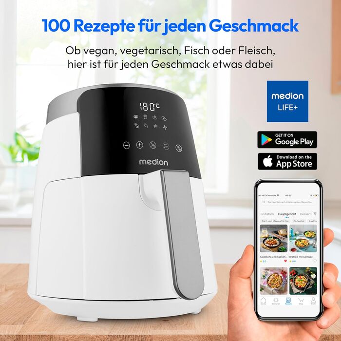 Аерофритюрниця MEDION P40 L 4,7 л, 1500 Вт, біла, антипригарне покриття, таймер, до 200°C, для приготування без олії