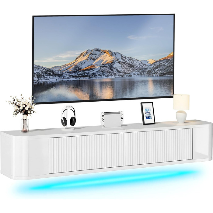 Підвісна тумба під телевізор YITAHOME 140 см з RGB підсвіткою, біла. Настінна поличка для ТБ з великим об'ємом для вітальні та спальні