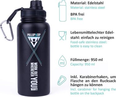 PULLUP & DIP Спортивна термос пляшка з нержавіючої сталі 950 мл, BPA-free, подвійні стінки, для спорту, фітнесу, туризму, герметична, з карабіном