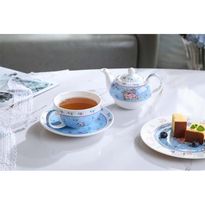 Чашка та блюдце з порцеляни Shabby Chic Vintage, з птахом, метеликом і квітами, подарункова коробка (рожево-блакитна)