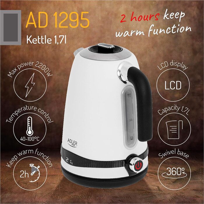 Електрочайник Adler AD 1295W, 1,7 л, нерж. сталь, білий сатин, LCD-дисплей, регулювання температури
