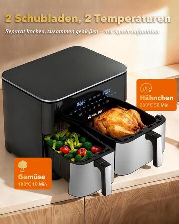 Аерофритюрниця WELLENT Dual Zone XXL 11л (6+6л), 2950W, з двома камерами, вікном перегляду та функцією Match & Sync