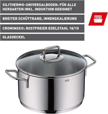 Набір кухонного посуду Silit Extra Cook: каструлі 16/20/24 см з кришками, ковшик 16 см, внутрішня шкала, широкий зливний край, придатний для миття в посудомийній машині, з нержавіючої сталі Crominox