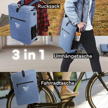 Велосумка MIVELO 3-в-1 на багажник, рюкзак та сумка через плече, водонепроникна, без ПВХ, з відділенням для ноутбука, джинсова синя