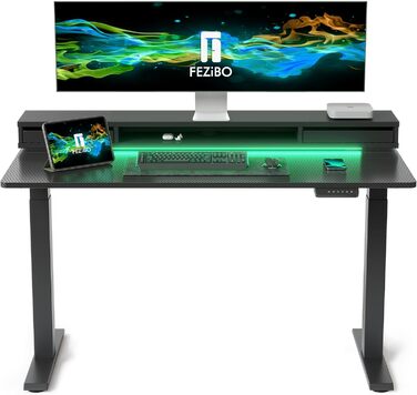 Електричний регульований стіл FEZIBO з LED-підсвіткою, 2 шухлядами, антиколізійним захистом, 120×60 см, чорний, для домашнього офісу