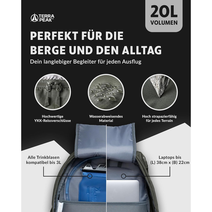Рюкзак Terra Peak Flex 20L преміум, оливковий – туристичний рюкзак з вентиляцією спини, питною системою, дощовиком, 3D Air Mesh поліестер, поясом, для трекінгу та подорожей