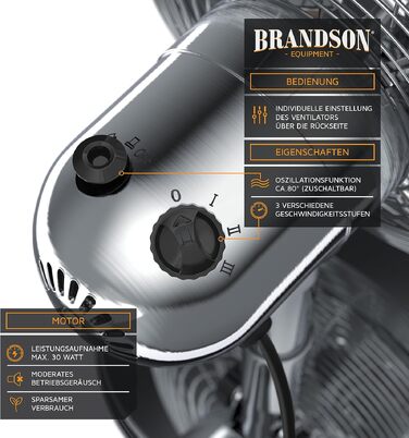 Вентилятор настільний Brandson мідний, 3 швидкості, з осциляцією 80° та нахилом 40°, металевий корпус