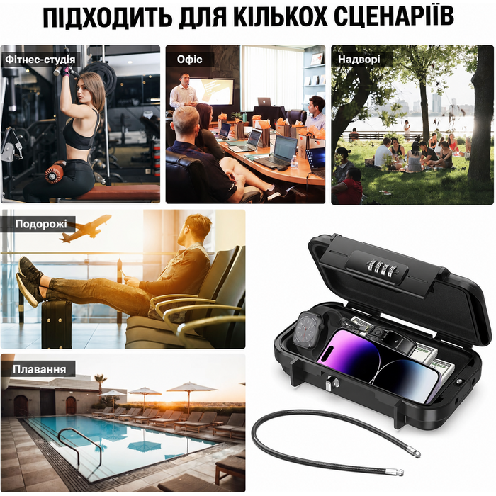 Портативний сейф з кодовим замком, водонепроникний, 4-значний, для зберігання цінностей на вулиці, подорожах, пляжі, у кемпінгу, офісі чи авто, з товстим знімним тросом, чорний